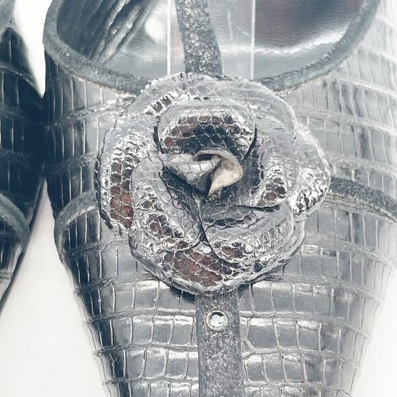 Vintage Chanel Black T-Strap Camellia Flower Pointed Toe Pump Heel size EU 37.5 - Picture 7 of 13